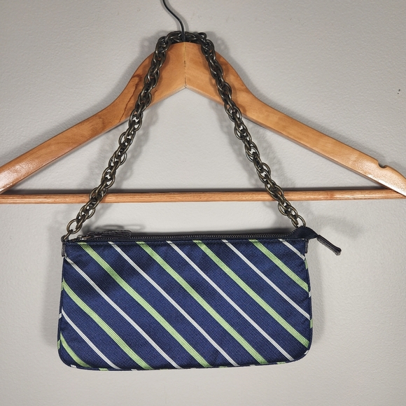 J. Crew 100% Silk Shoulder Bag Blue With Green And White Stripe Purse - Picture 7 of 8